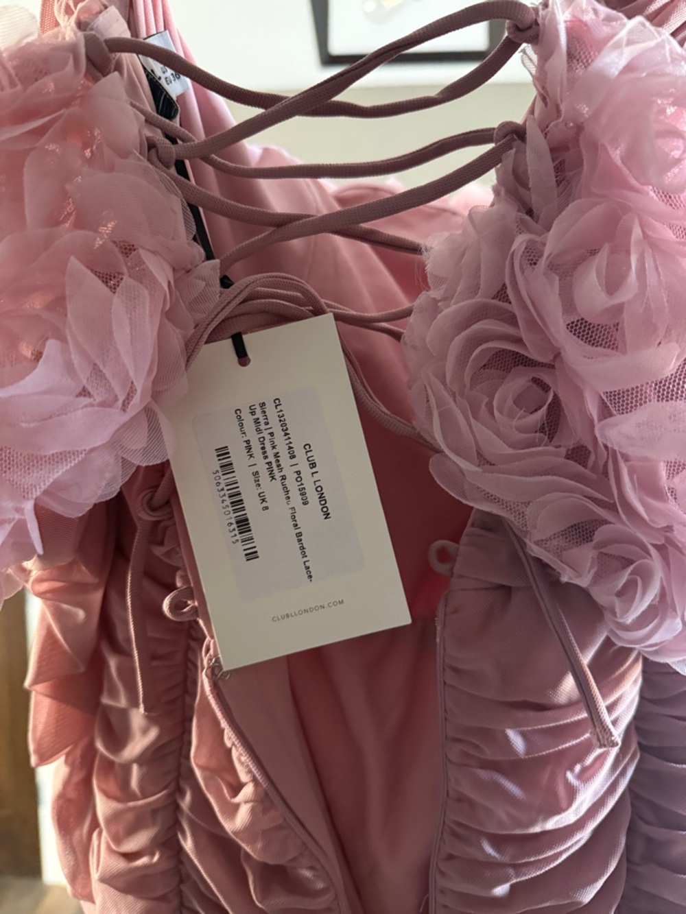 Club L London Pink Off-Shoulder Rosette Ruched Long Sleeve Dress - Picture 3 of 5